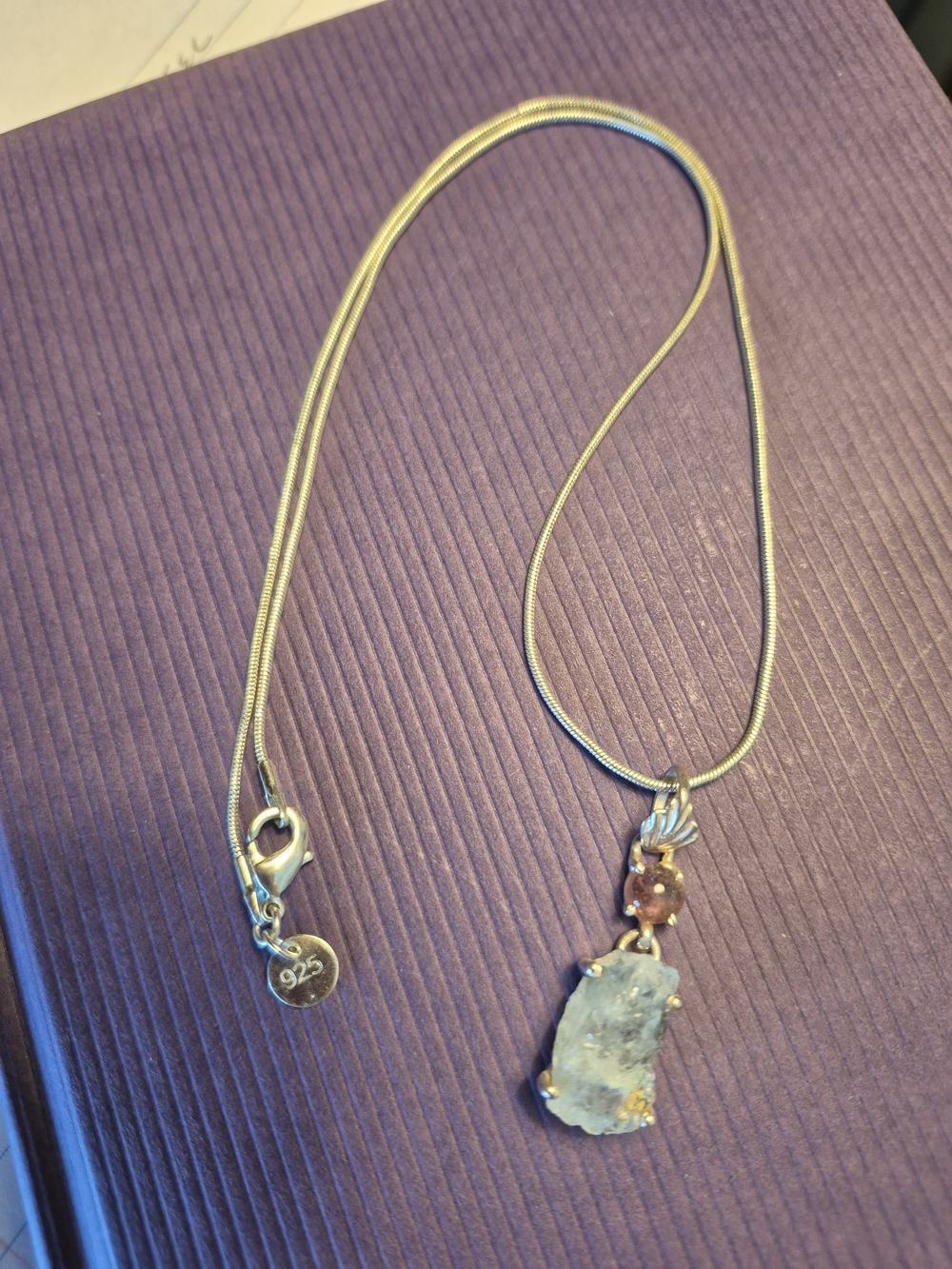 Sterling Silver Raw Aquamarine With Amethyst Accent Pendant